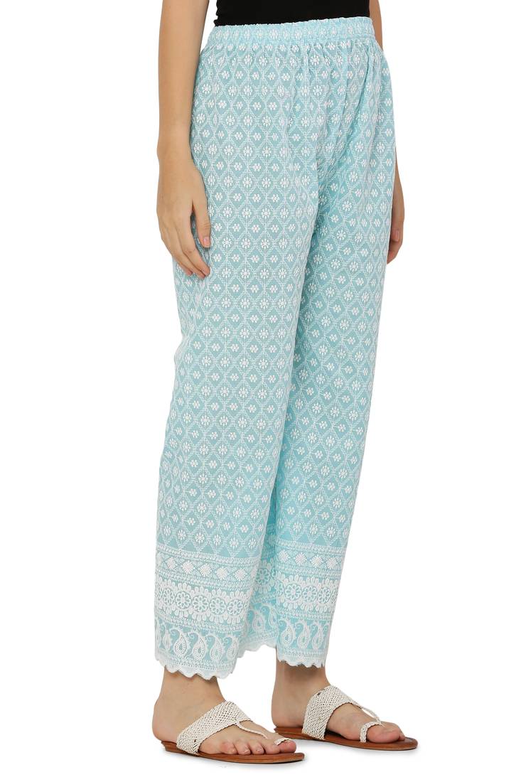 Aqua Blue Color Thread Chikankari Cotton Plazzo Pant (Free Size)
