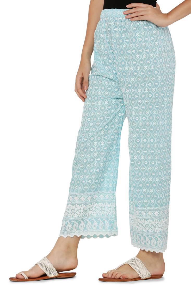Aqua Blue Color Thread Chikankari Cotton Plazzo Pant (Free Size)