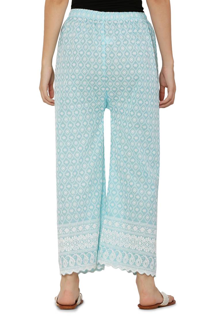 Aqua Blue Color Thread Chikankari Cotton Plazzo Pant (Free Size)
