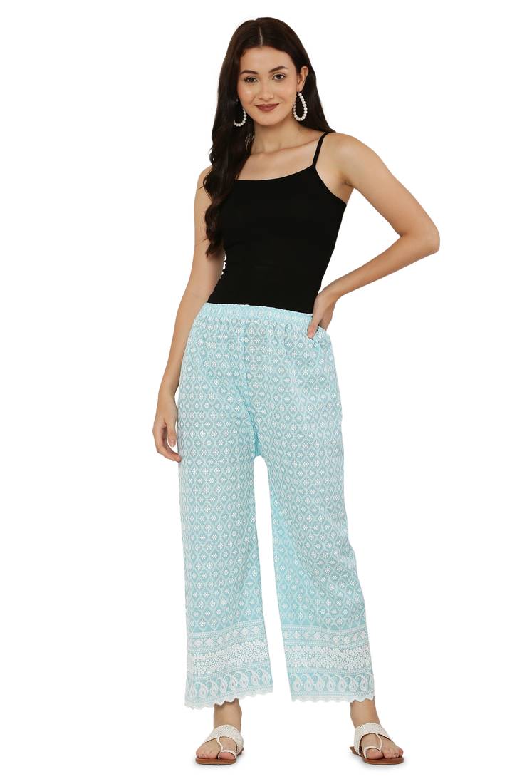 Aqua Blue Color Thread Chikankari Cotton Plazzo Pant (Free Size)