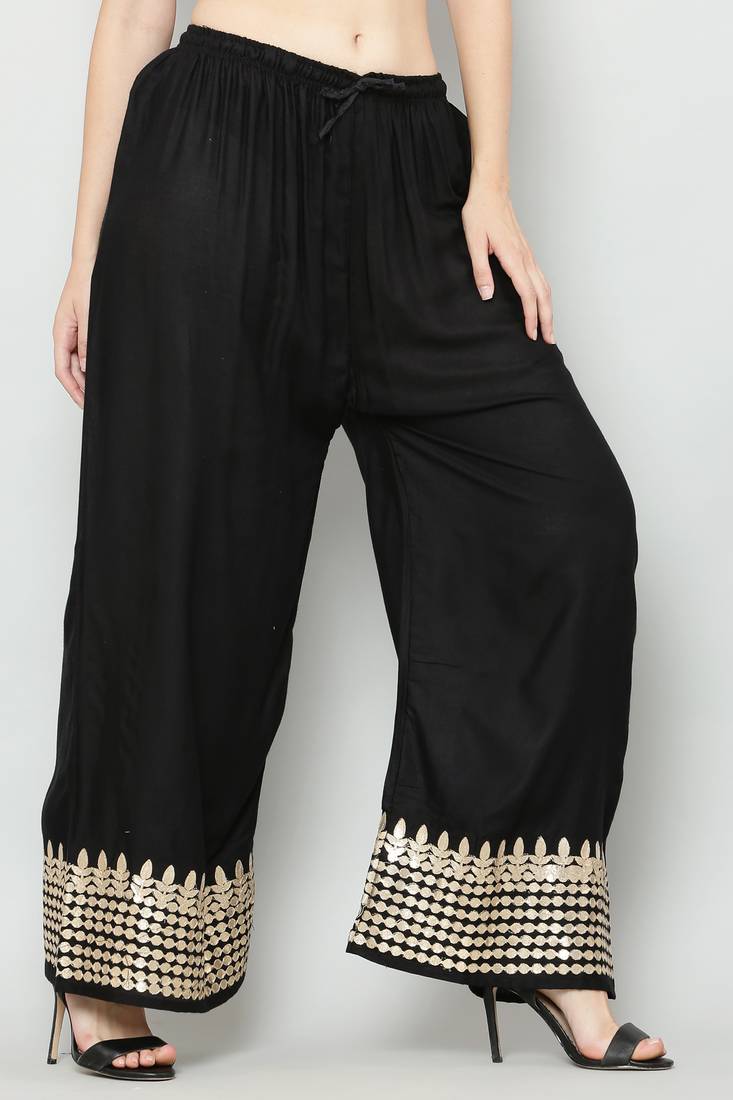 Women's Gota Design Palazzo Pant Black Color Rayon Fabric (Free Size)