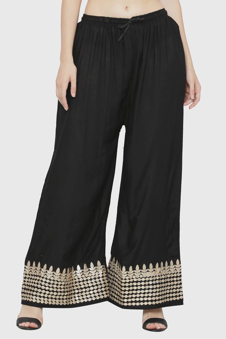 Women's Gota Design Palazzo Pant Black Color Rayon Fabric (Free Size)