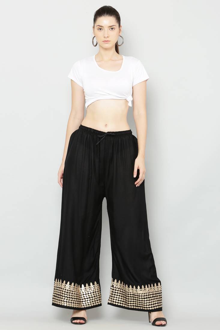 Women's Gota Design Palazzo Pant Black Color Rayon Fabric (Free Size)