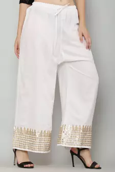 Women's Gota Design Palazzo Pant White Color Rayon Fabric (Free Size)