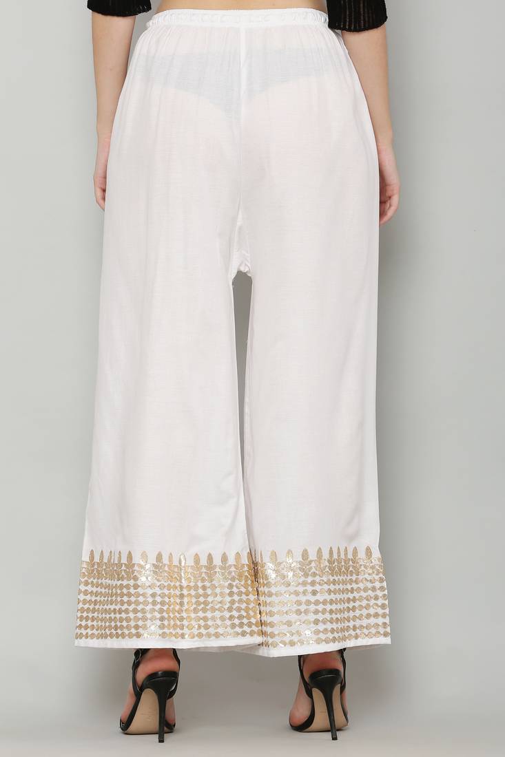 Women's Gota Design Palazzo Pant White Color Rayon Fabric (Free Size)