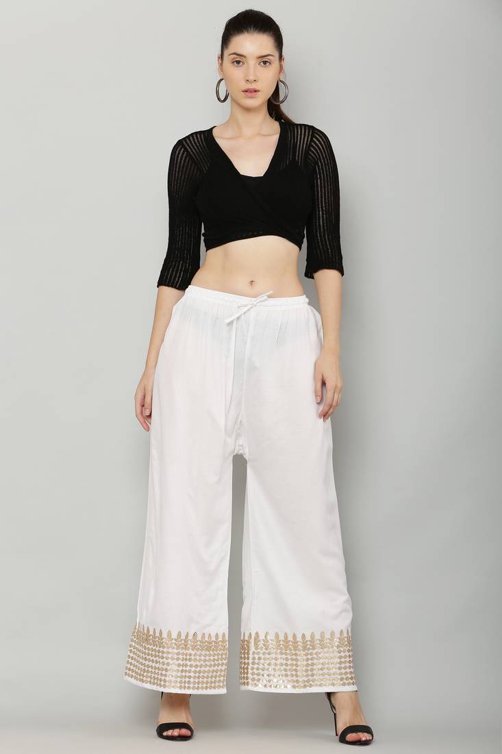 Women's Gota Design Palazzo Pant White Color Rayon Fabric (Free Size)