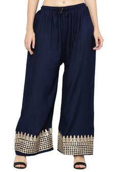 Women's Gota Design Palazzo Pant Navy Blue Color Rayon Fabric (Free Size)