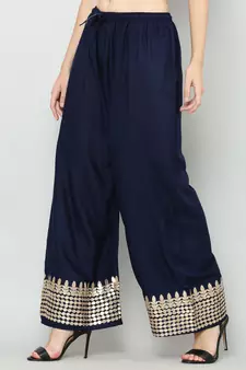 Women's Gota Design Palazzo Pant Navy Blue Color Rayon Fabric (Free Size)
