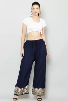 Women's Gota Design Palazzo Pant Navy Blue Color Rayon Fabric (Free Size)