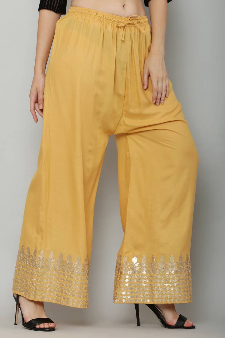 Women's Gota Design Palazzo Pant Gold Color Rayon Fabric (Free Size)