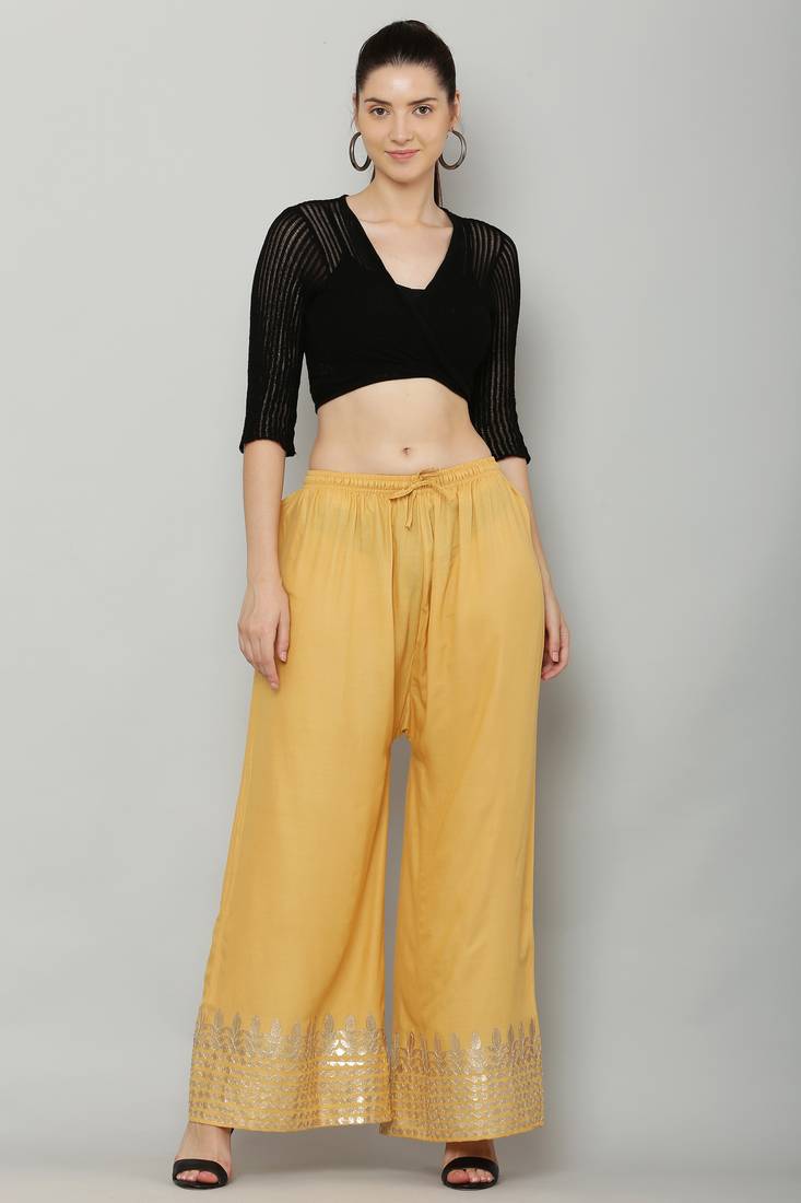 Women's Gota Design Palazzo Pant Gold Color Rayon Fabric (Free Size)