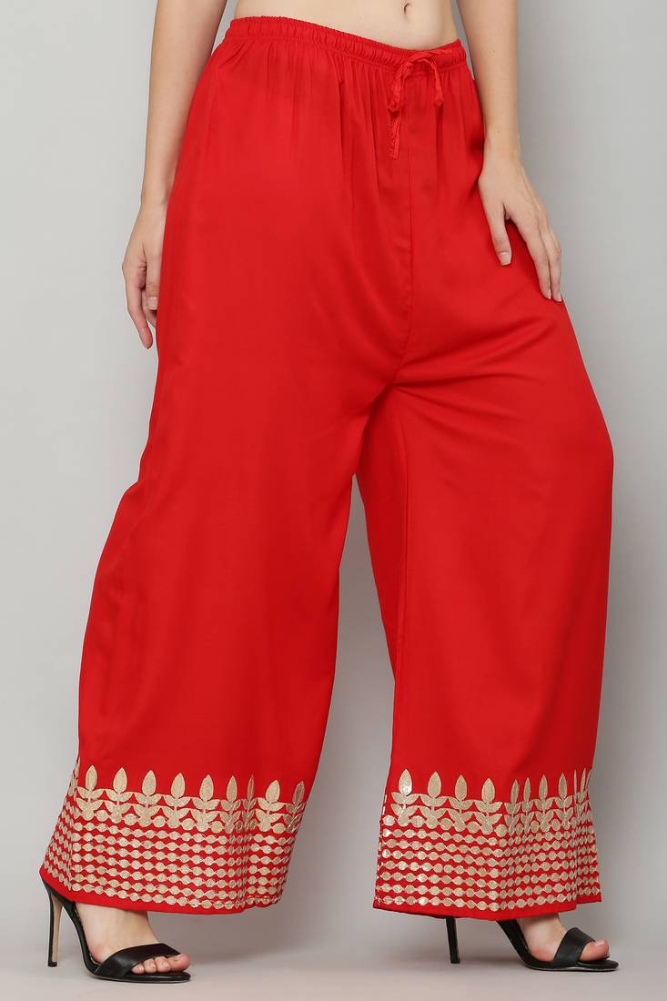 Women's Gota Design Palazzo Pant Red Color Rayon Fabric (Free Size)