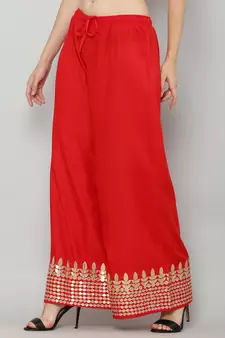 Women's Gota Design Palazzo Pant Red Color Rayon Fabric (Free Size)