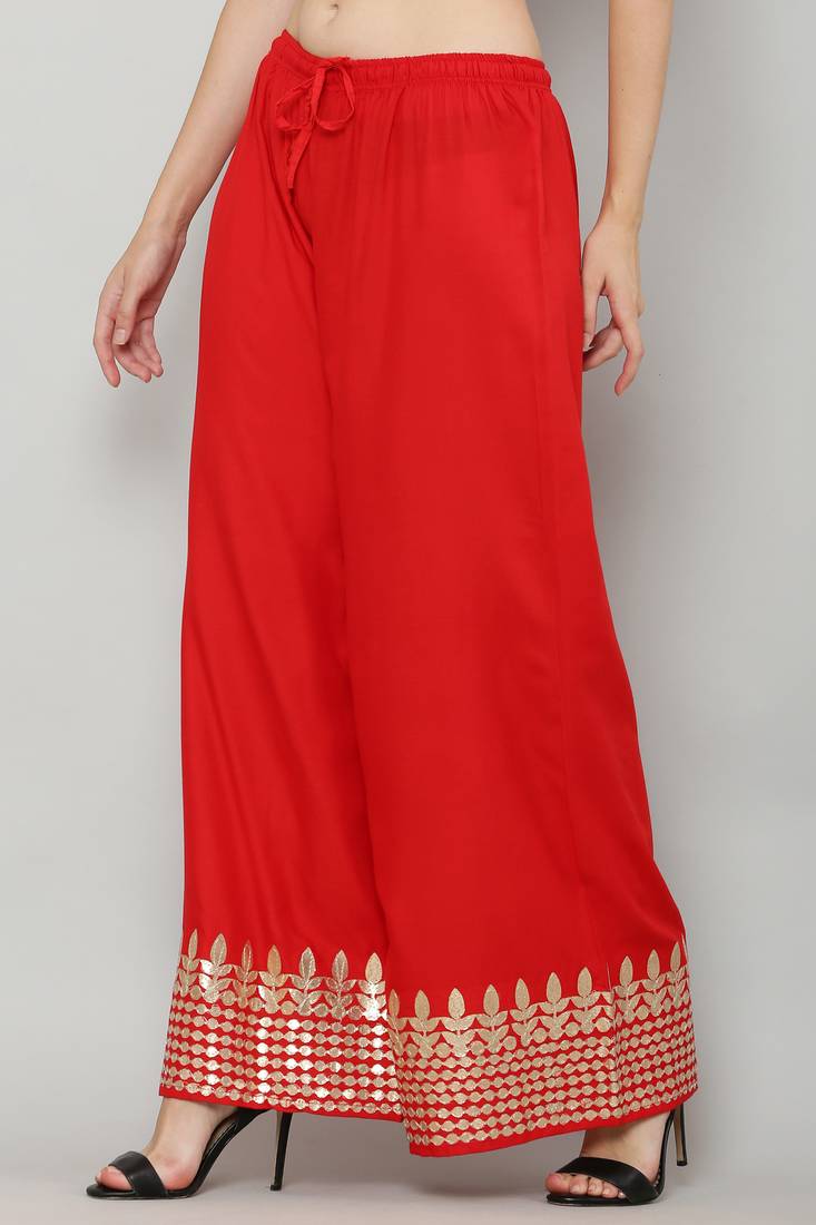 Women's Gota Design Palazzo Pant Red Color Rayon Fabric (Free Size)