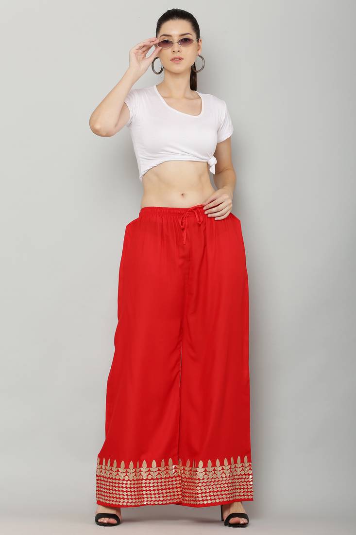 Women's Gota Design Palazzo Pant Red Color Rayon Fabric (Free Size)