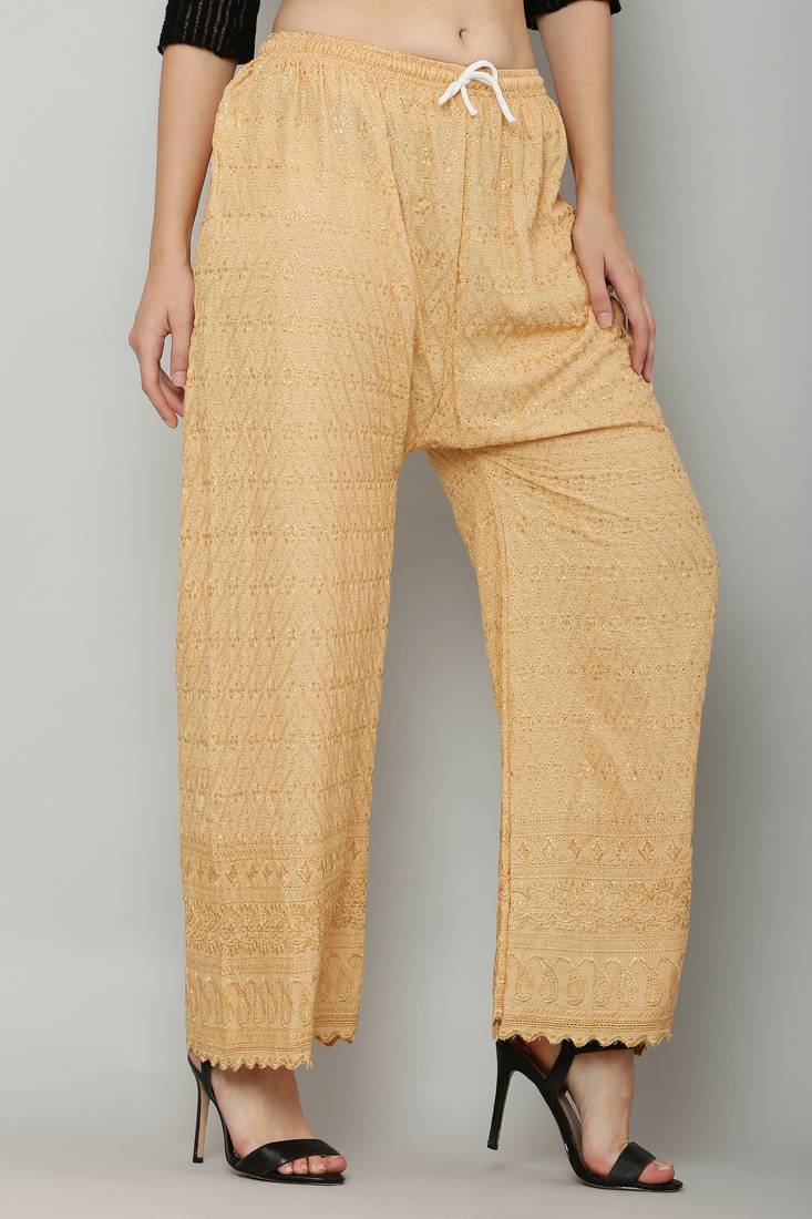 Wome's Full Chiken/Chikankari Relaxed Palazzo pant Gold Color (Free Size)