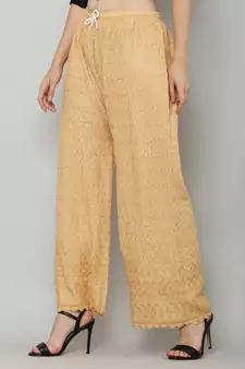 Wome's Full Chiken/Chikankari Relaxed Palazzo pant Gold Color (Free Size)