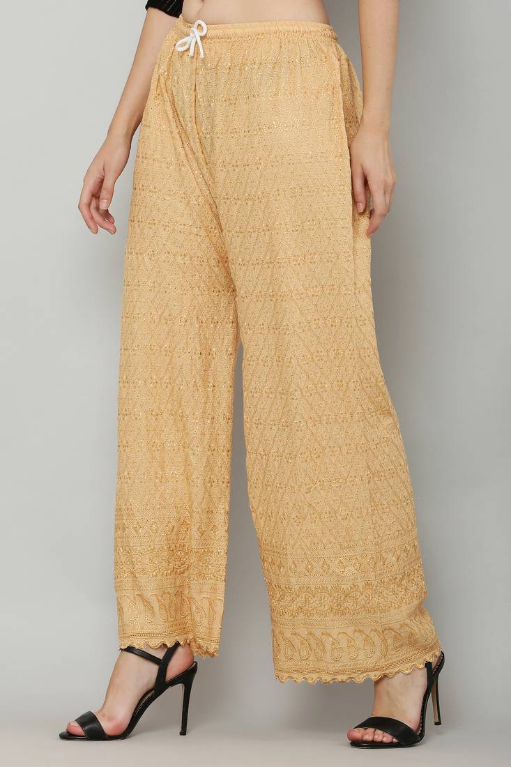 Wome's Full Chiken/Chikankari Relaxed Palazzo pant Gold Color (Free Size)