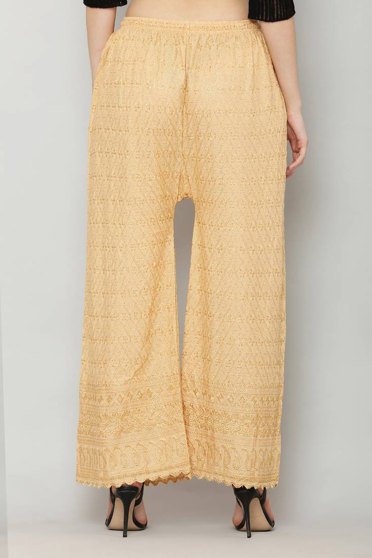 Wome's Full Chiken/Chikankari Relaxed Palazzo pant Gold Color (Free Size)
