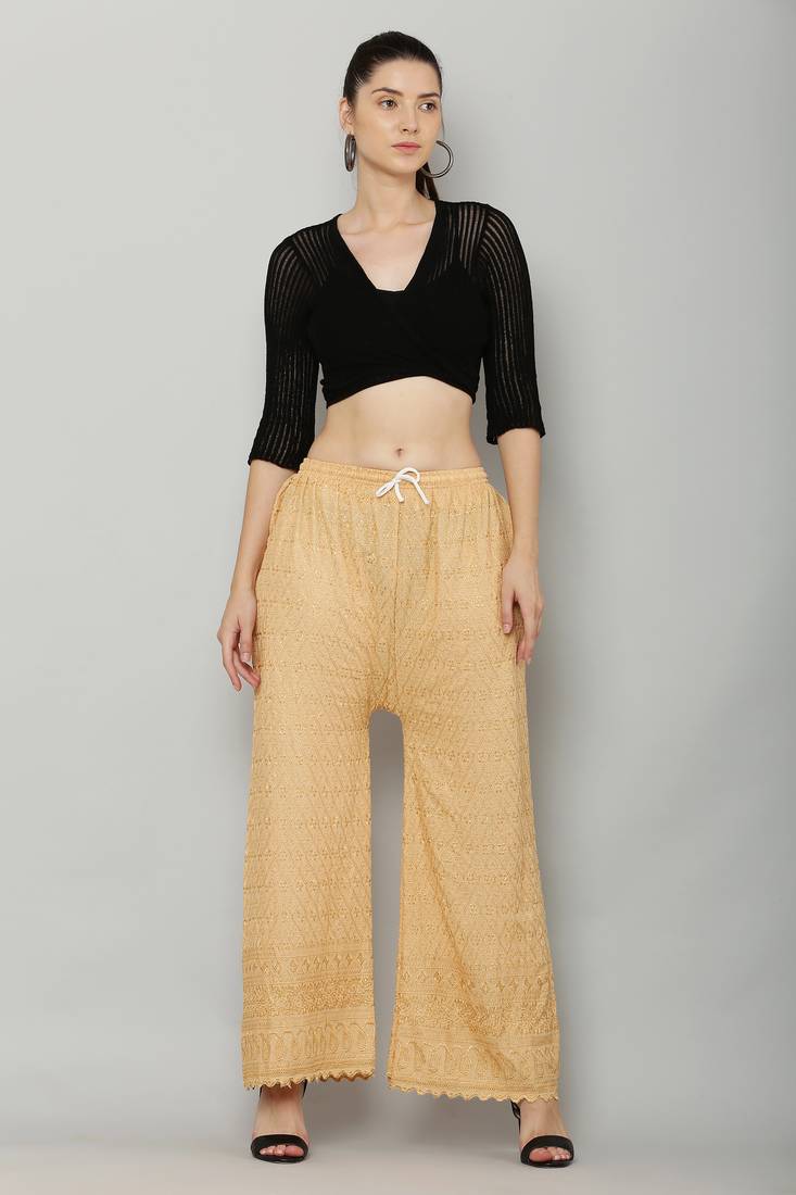 Wome's Full Chiken/Chikankari Relaxed Palazzo pant Gold Color (Free Size)