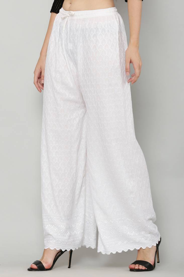 Wome's Full Chiken/Chikankari Relaxed Palazzo pant White Color (Free Size)