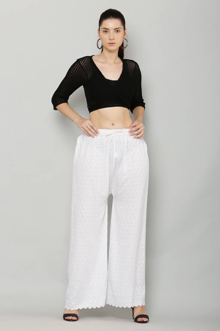 Wome's Full Chiken/Chikankari Relaxed Palazzo pant White Color (Free Size)
