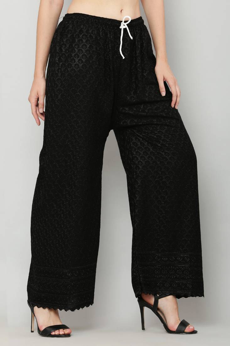Wome's Full Chiken/Chikankari Relaxed Palazzo pant Black Color (Free Size)