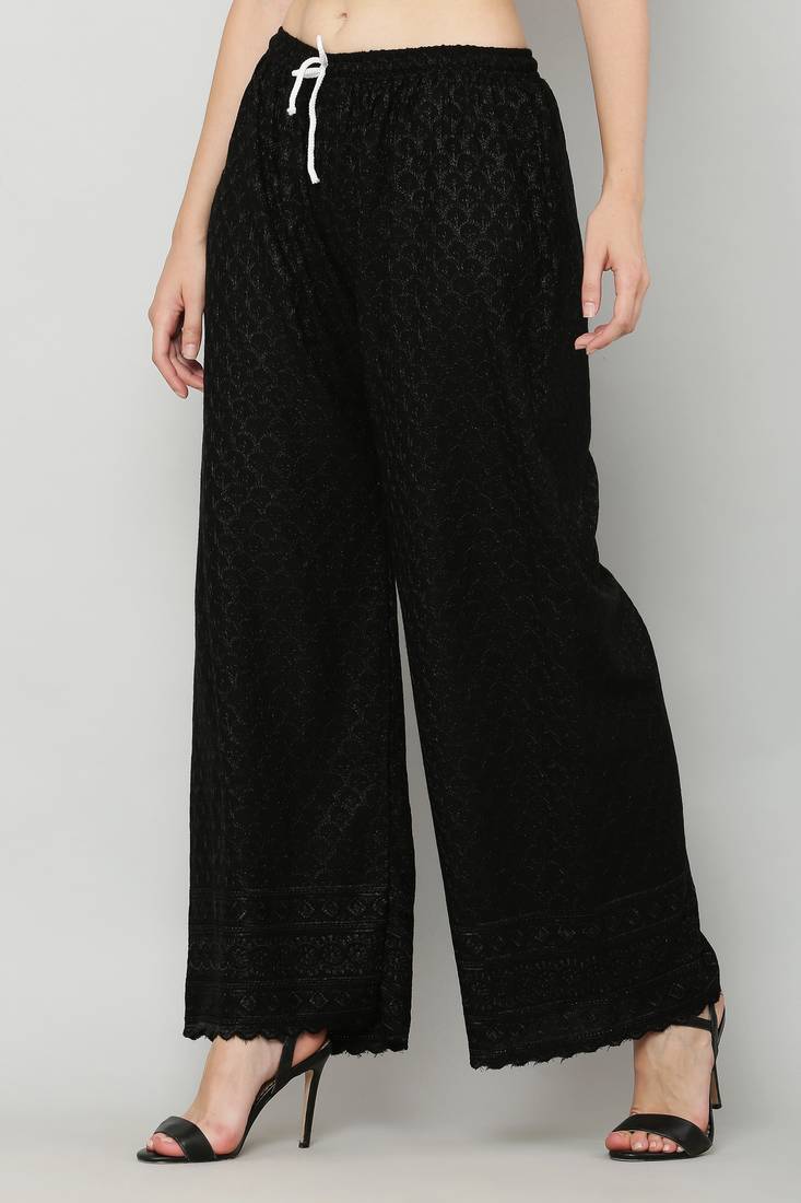 Wome's Full Chiken/Chikankari Relaxed Palazzo pant Black Color (Free Size)