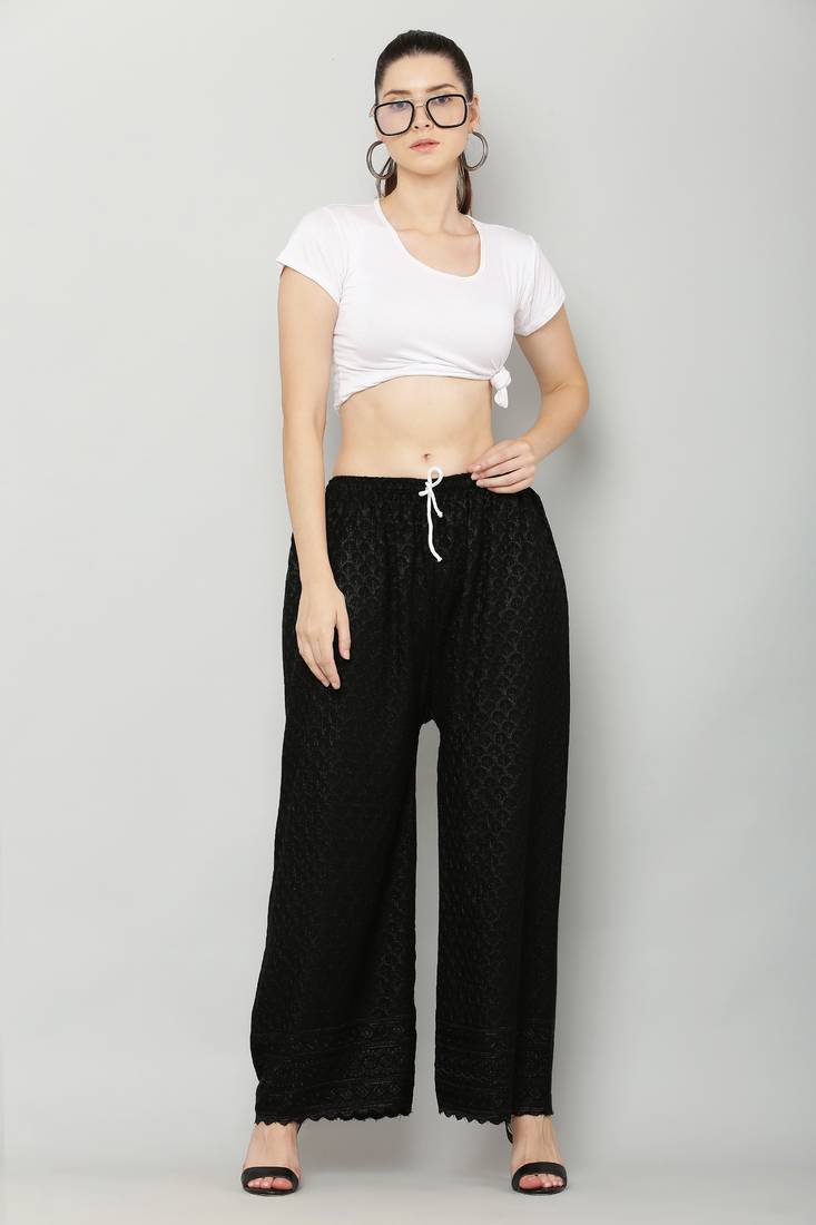 Wome's Full Chiken/Chikankari Relaxed Palazzo pant Black Color (Free Size)