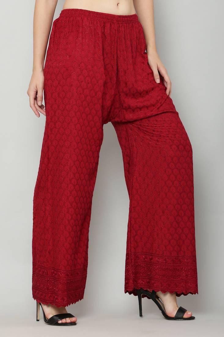 Wome's Full Chiken/Chikankari Relaxed Palazzo pant Maroon Color (Free Size)