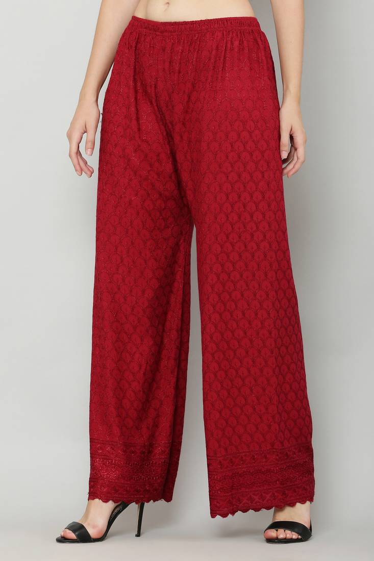 Wome's Full Chiken/Chikankari Relaxed Palazzo pant Maroon Color (Free Size)
