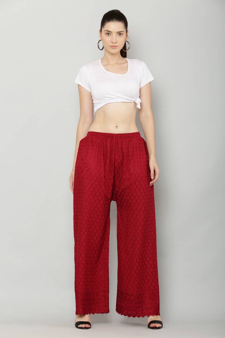 Wome's Full Chiken/Chikankari Relaxed Palazzo pant Maroon Color (Free Size)