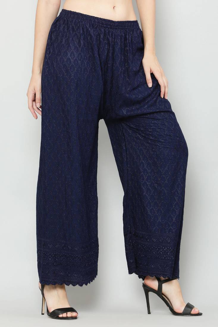Wome's Full Chiken/Chikankari Relaxed Palazzo pant Navy Blue Color (Free Size)