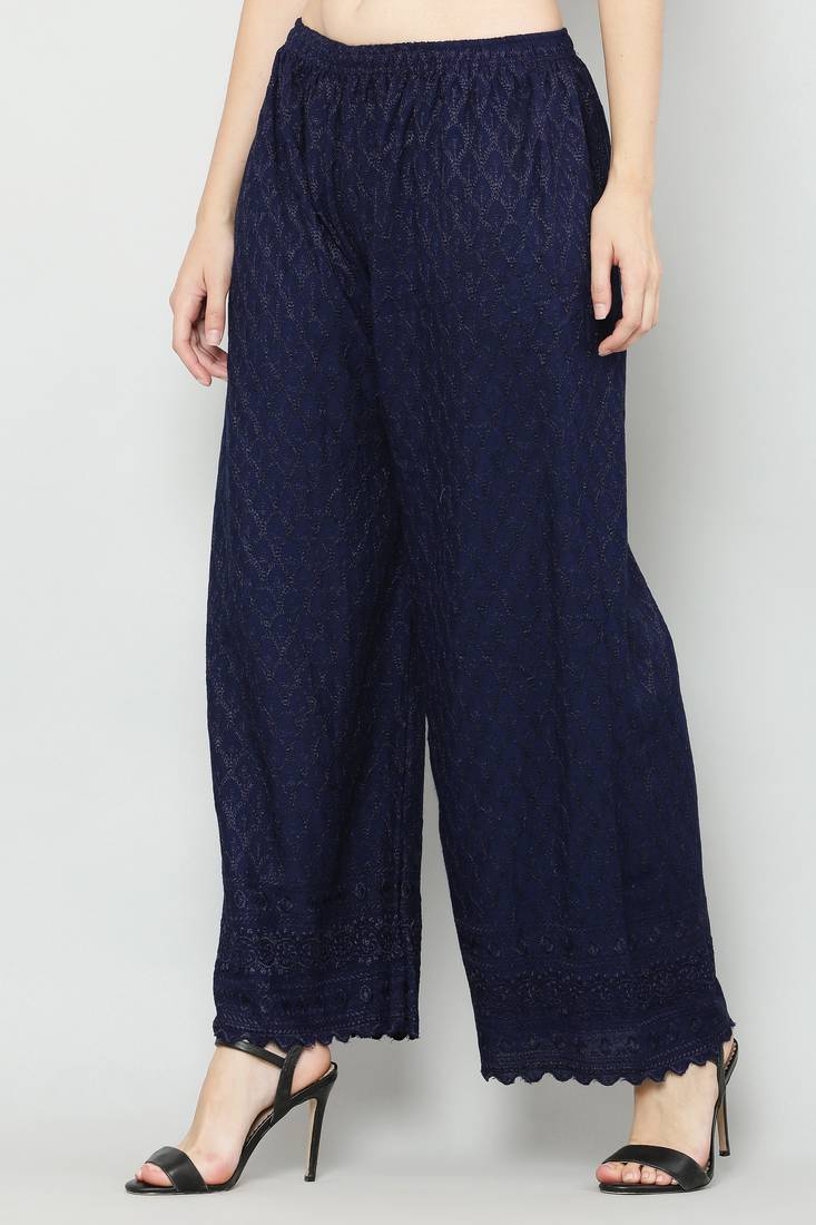 Wome's Full Chiken/Chikankari Relaxed Palazzo pant Navy Blue Color (Free Size)