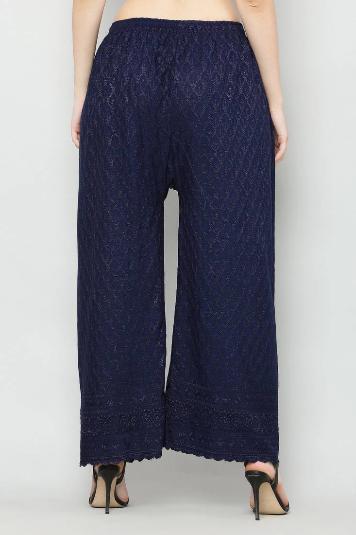 Wome's Full Chiken/Chikankari Relaxed Palazzo pant Navy Blue Color (Free Size)