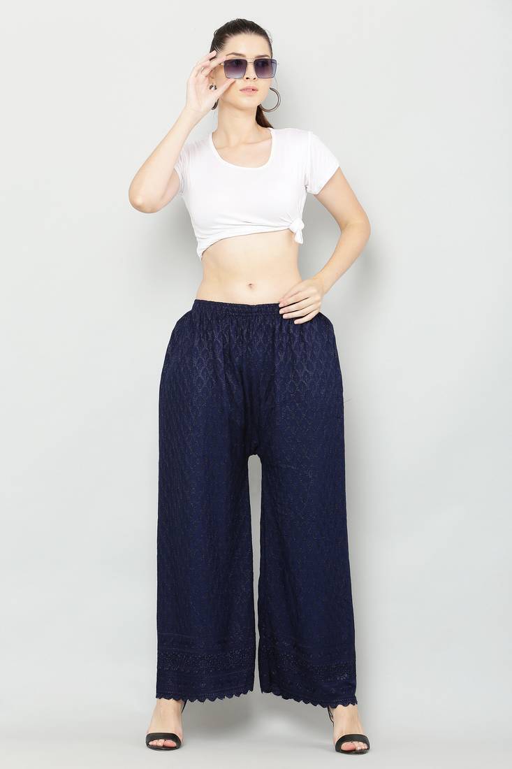 Wome's Full Chiken/Chikankari Relaxed Palazzo pant Navy Blue Color (Free Size)