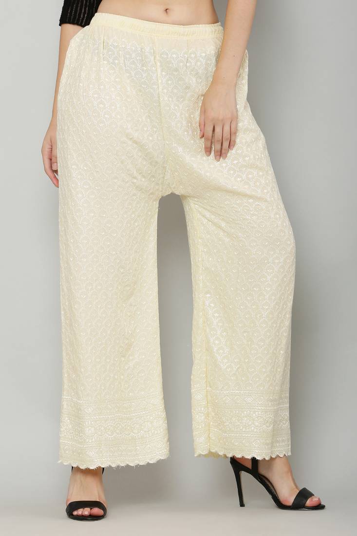 Wome's Full Chiken/Chikankari Relaxed Palazzo pant Cream Color (Free Size)