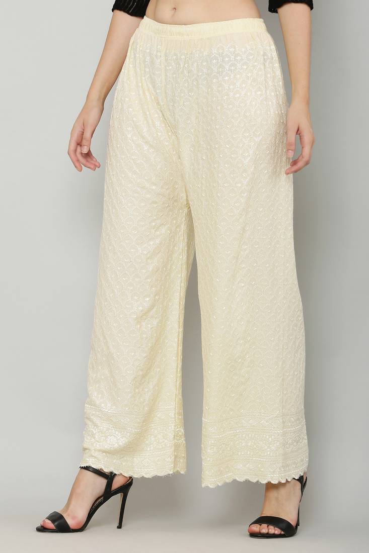 Wome's Full Chiken/Chikankari Relaxed Palazzo pant Cream Color (Free Size)