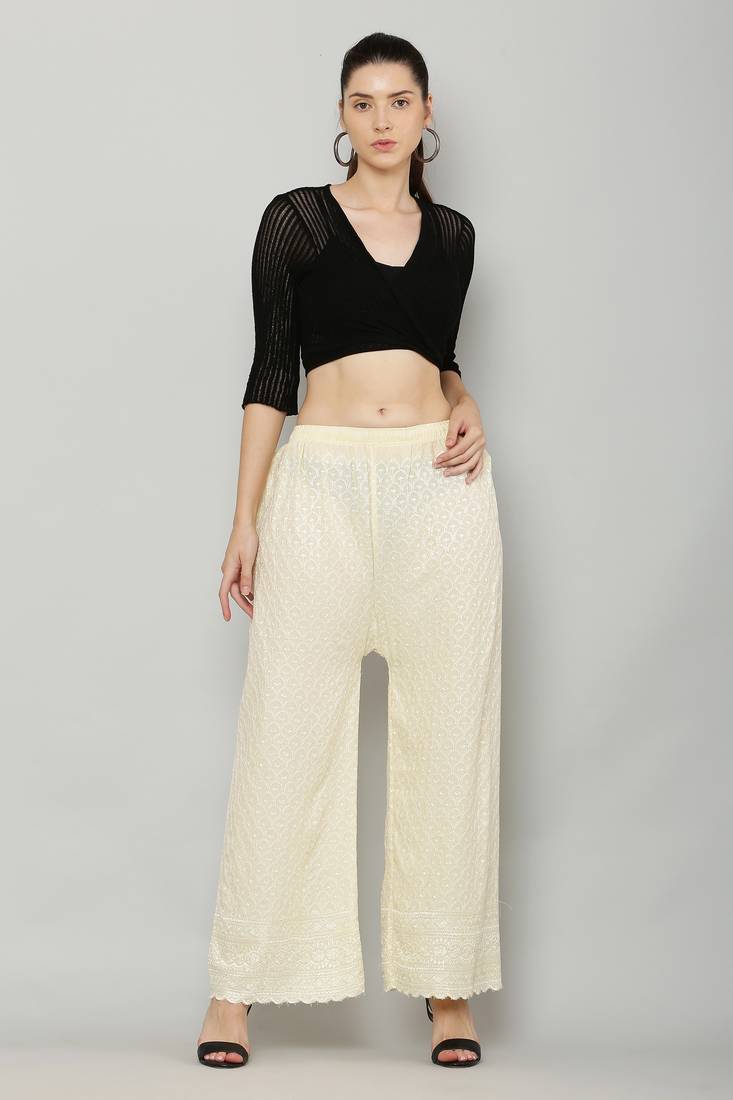 Wome's Full Chiken/Chikankari Relaxed Palazzo pant Cream Color (Free Size)