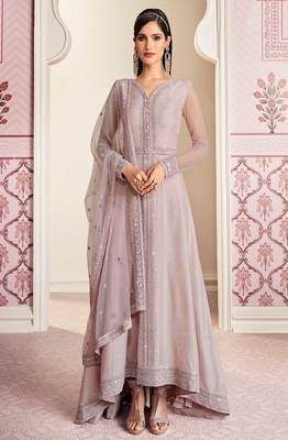 Light Purple Color Embroidery Work Russian Silk Anarkali Suits 2