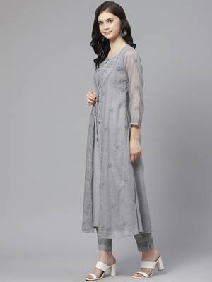 Ada Hand Embroidered Grey Kota Lucknowi Chikankari Women Kurta with Trouser Set - A100551 2