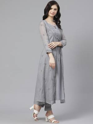 Ada Hand Embroidered Grey Kota Lucknowi Chikankari Women Kurta with Trouser Set - A100551 3