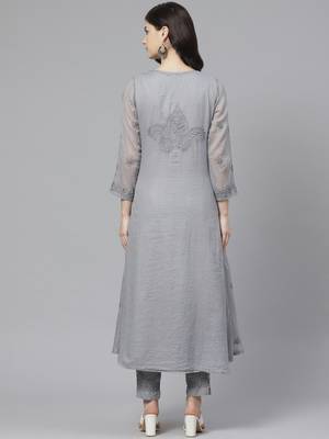 Ada Hand Embroidered Grey Kota Lucknowi Chikankari Women Kurta with Trouser Set - A100551 4