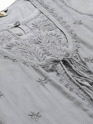 Ada Hand Embroidered Grey Kota Lucknowi Chikankari Women Kurta with Trouser Set - A100551 5