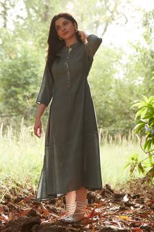 Grey embroidered viscose rayon long-dresses