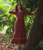 Maroon embroidered viscose rayon maxi-dresses