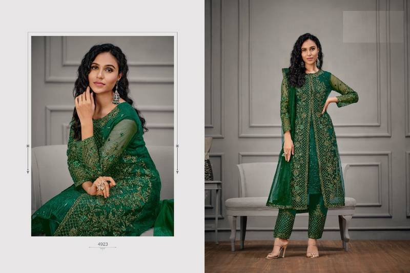 Designer Fancy Party Wear Straight Green Net Salwar Suit Semi Stitched