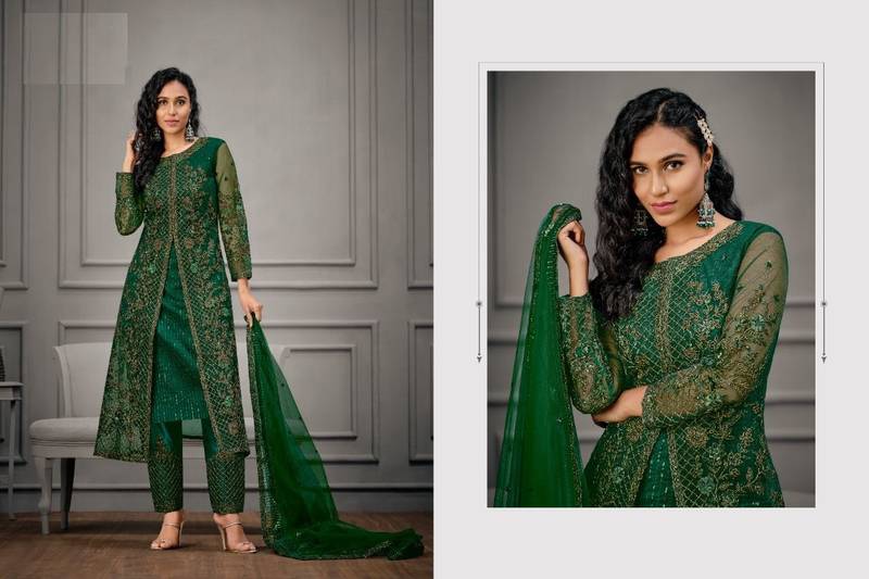 Designer Fancy Party Wear Straight Green Net Salwar Suit Semi Stitched
