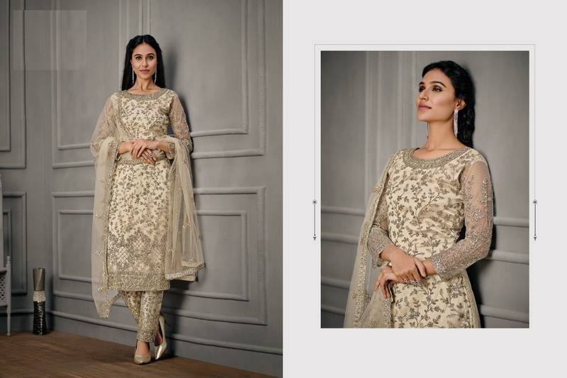 Designer Fancy Party Wear Straight Beige Net Salwar Suit Semi Stitched