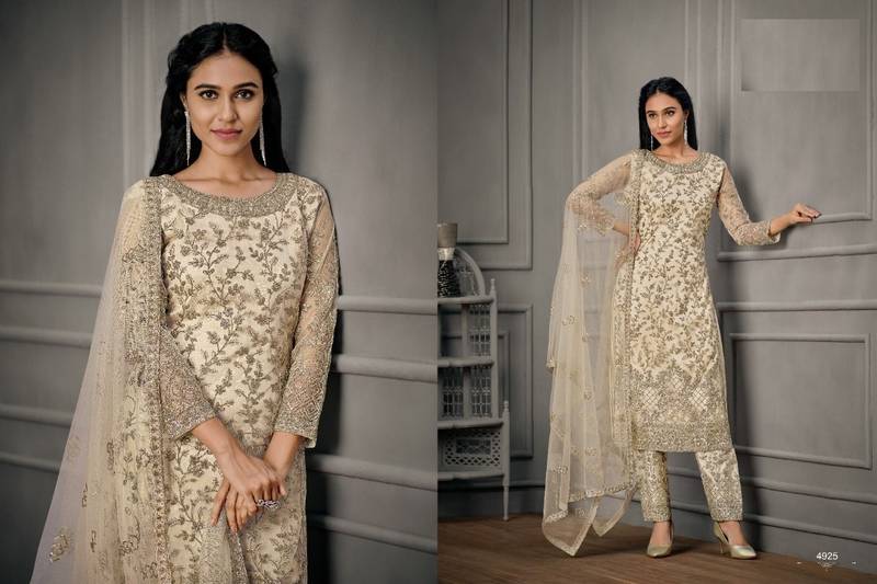 Designer Fancy Party Wear Straight Beige Net Salwar Suit Semi Stitched